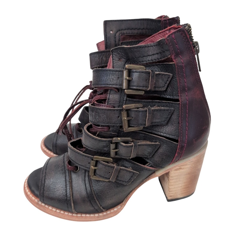 Freebird by Steven Braeden Black Burgundy Leather Buckle Cage Booties Womens 7 - Picture 2 of 10